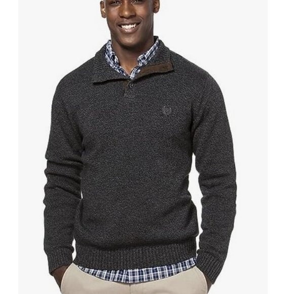CHAPS Men's Pullover Sweater Medium Charcoal Gray Preppy Button Neck Classic Fit - Picture 1 of 8